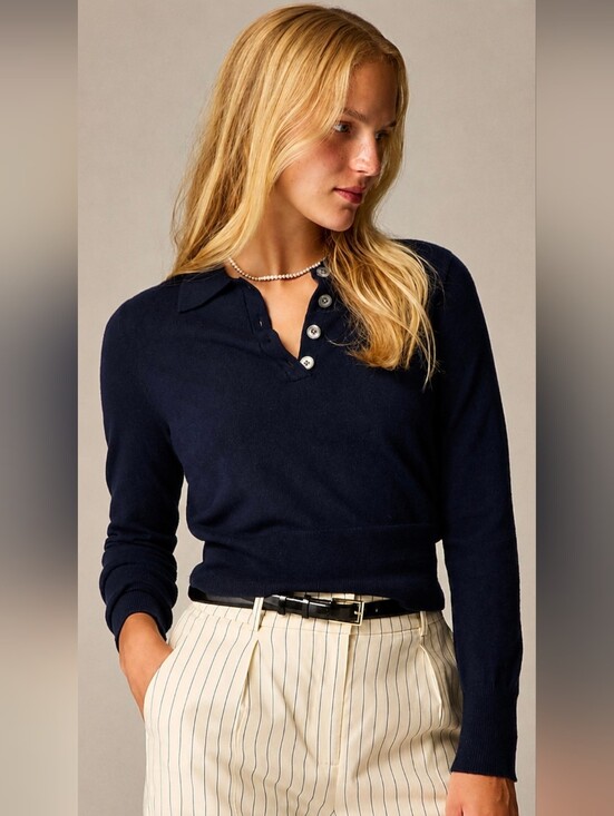 J. Crew Sweaters - J CREW Featherweight cashmere-blend long-sleeve polo shirt In Navy Sz Medium